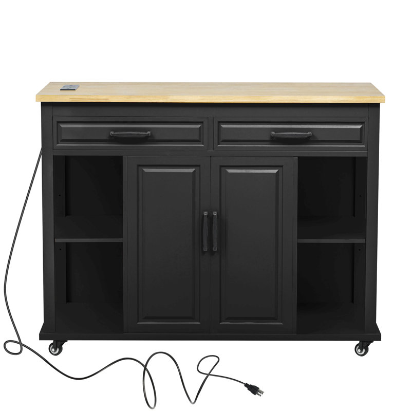 47" Kitchen Island with Extendable Table, Built-In Outlet & Storage – Black, Black