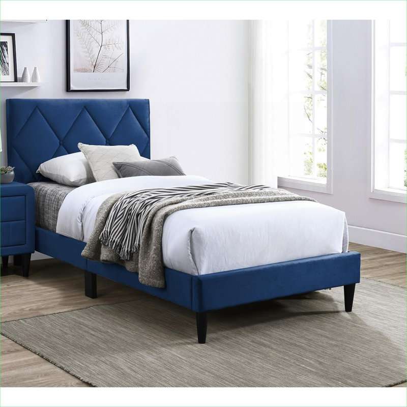 Youth Bedroom Blue-Toned Velvet Upholstered Adjustable Headboard Full Size Modern Contemporary Bed Frame