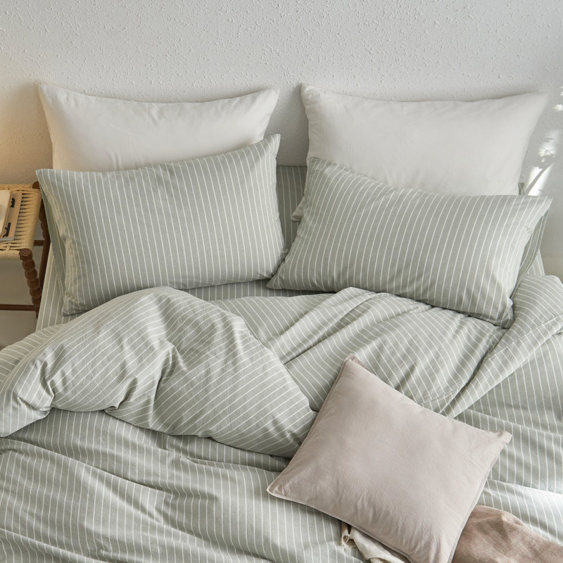 Taies d'oreiller 100% coton lavé MooMee, Standard (20 po x 26 po), Rayures larges vert sauge et blanches
