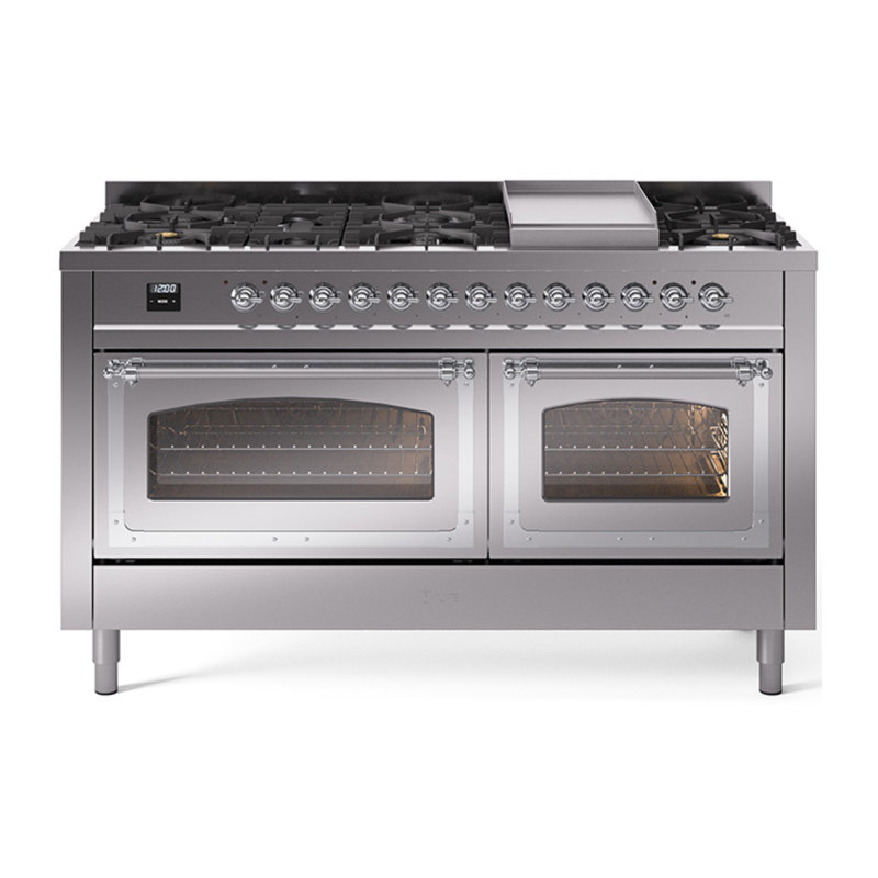 ILVE Nostalgie II Noblesse 60 in Dual Fuel Range, 9 Burner, Griddle, Stainless Steel/Chrome, Liquid Propane