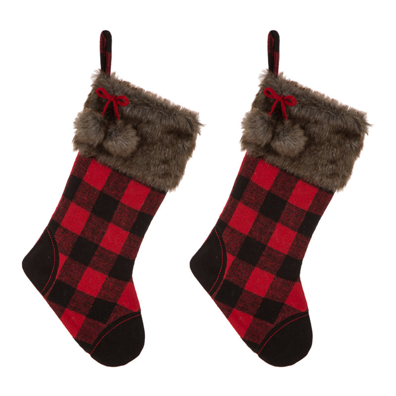 21" Fur Black/Red Buffalo Plaid Stocking