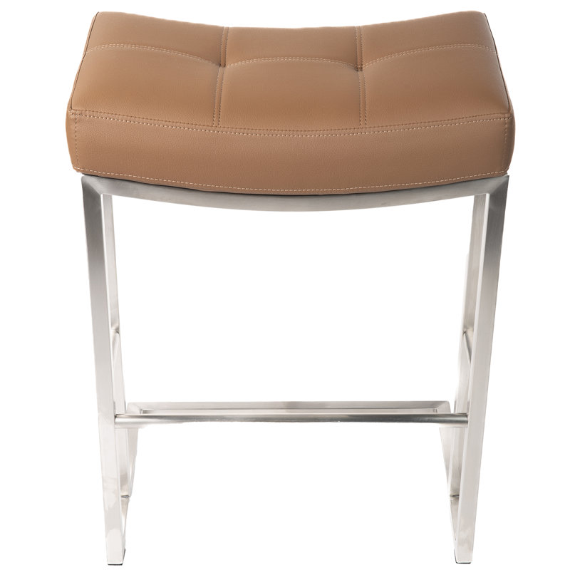 Seline 26" Counter Height Brushed Stainless Steel Saddle Barstool, Camel Faux Leather