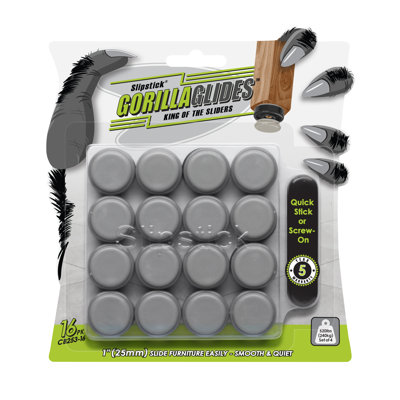 Gorillaglides Cb253 1 Inch Plastic Chair Sliders/Furniture Feet Floor Protectors (Set Of 16 Glides) Screw-On Or Self-Adhesive, Dual Surface, Round