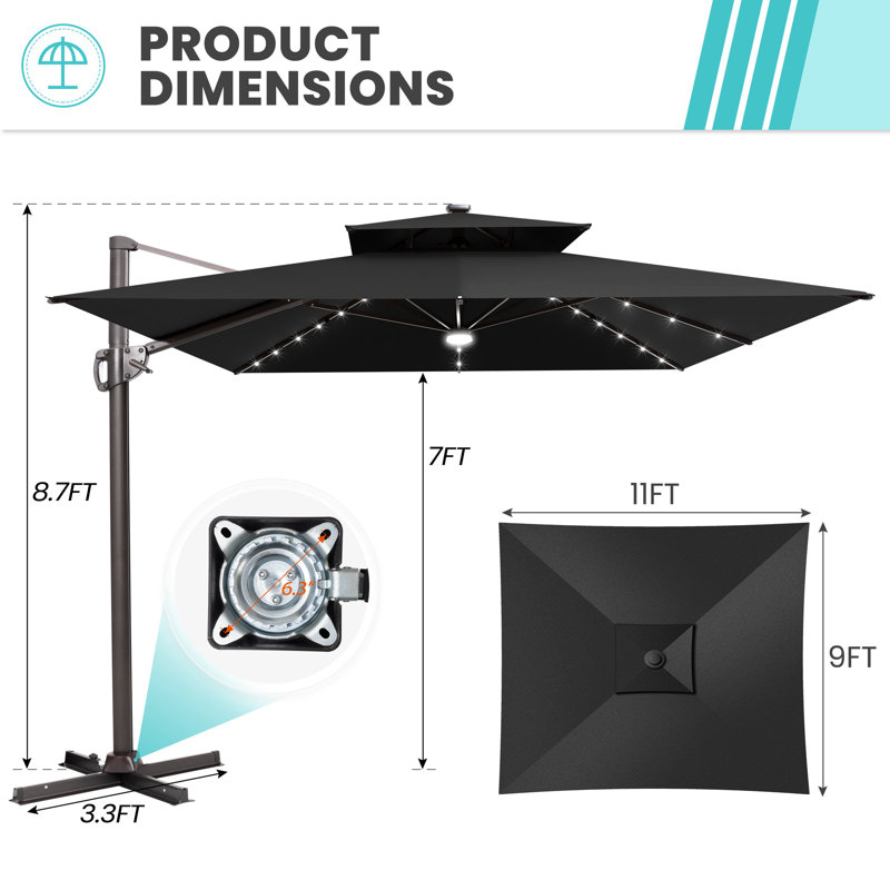 Parasol de patio rectangulaire en porte-à-faux 9 x 11 pi avec lumières DEL solaires, base lestée non incluse, Noir