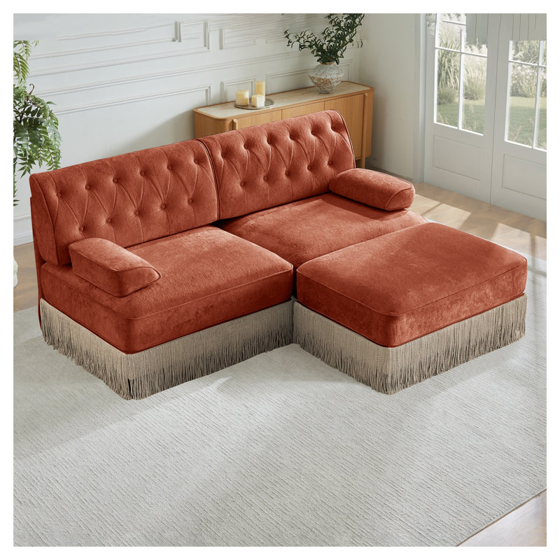 Canapé modulaire en L Chesterfield, Velours rouge / brun