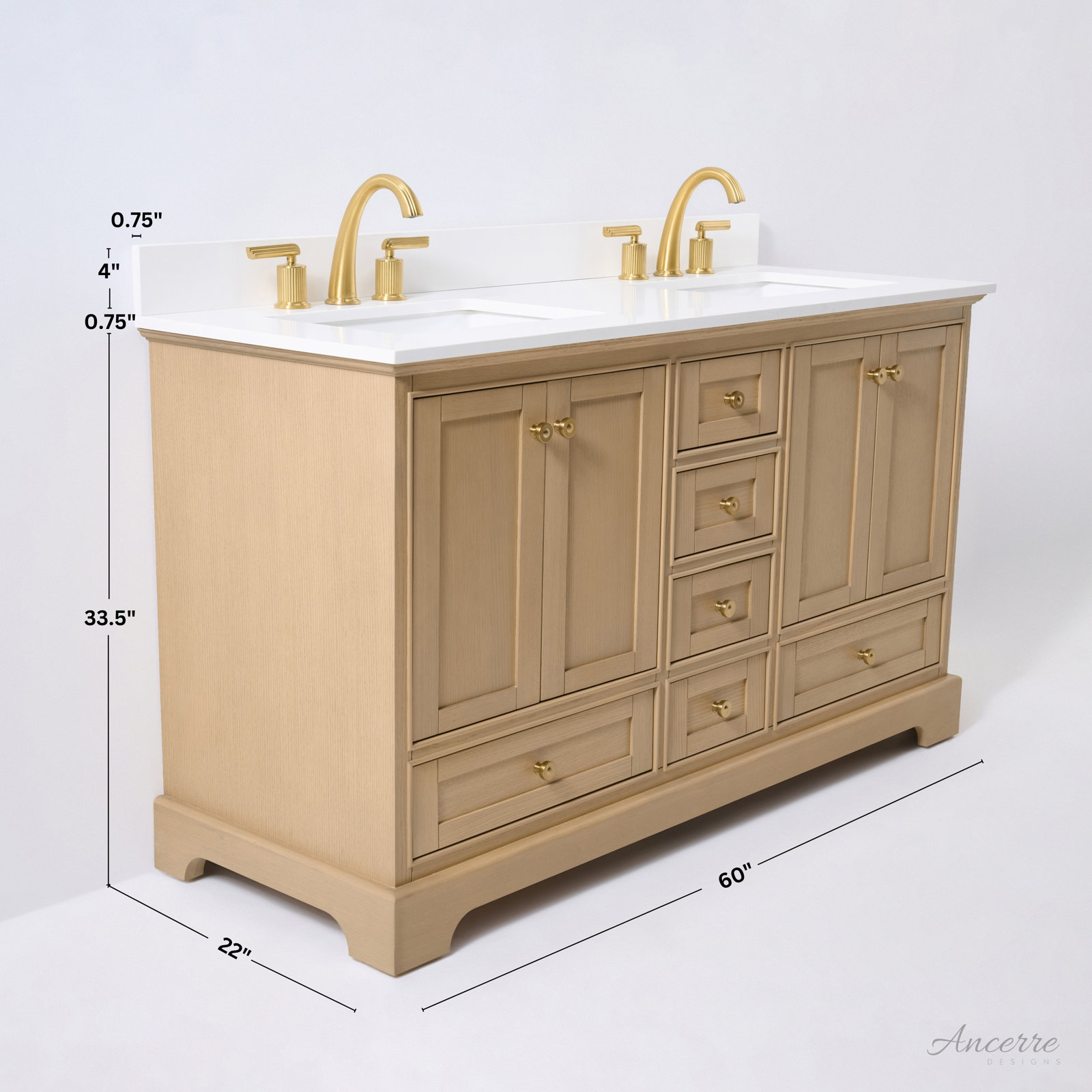Varna 60'' Double Bathroom Vanity, Oak/Rose Gold, Pure White Quartz