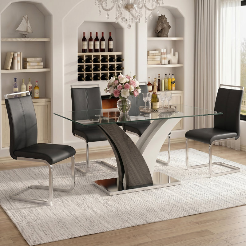 Ensemble de salle à manger 7 pièces 63 po, 5 Pieces: Table, 4 Chairs, Gris clair