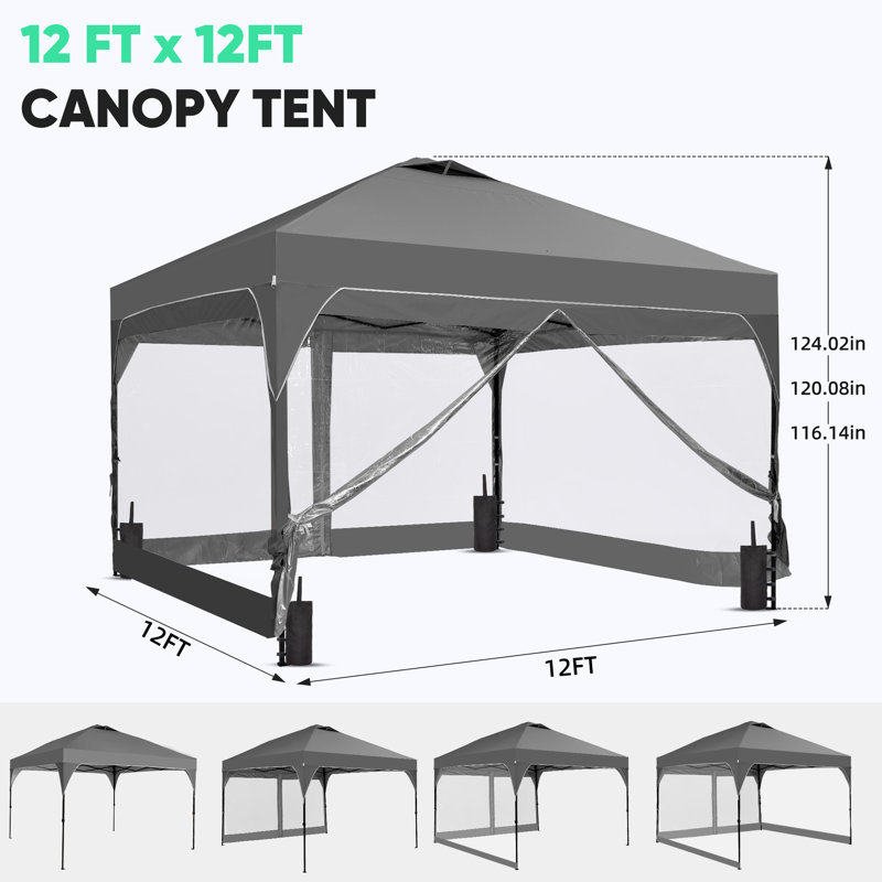 12 Ft X 12 Ft One-Push Set Up Canopy Tents With Sidewalls And Sandbags, Gray