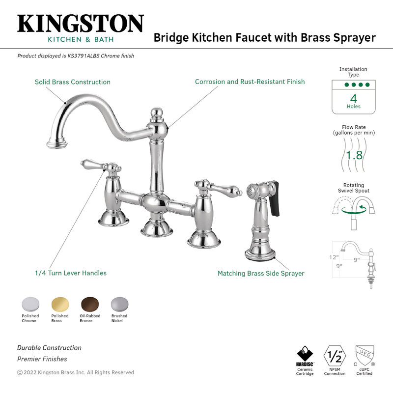 Robinet de cuisine à fixation sur comptoir à deux poignées Kingston, Bronze huilé, Avec douchette latérale
