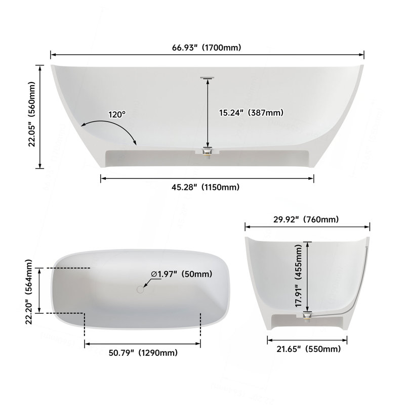 67" Premium Solid Surface Deep Soaking Bathtub