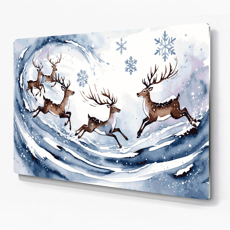 Art mural en métal renne de Noël jouant dans la neige, H 11 po x l 14 po