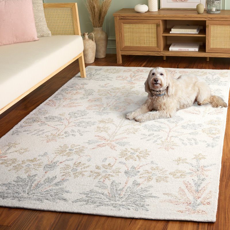 80% laine touffetée à la main Jardin 771; Tapis floral 20% coton, Rectangle 5 pi 0 po x 8 pi 0 po