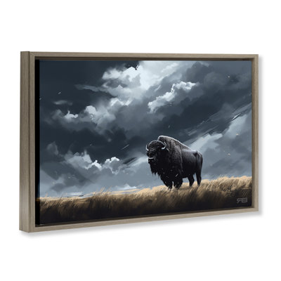 Bison Silhouette with Clouds Black Framed Floater Canvas by Roozbeh Bahramali