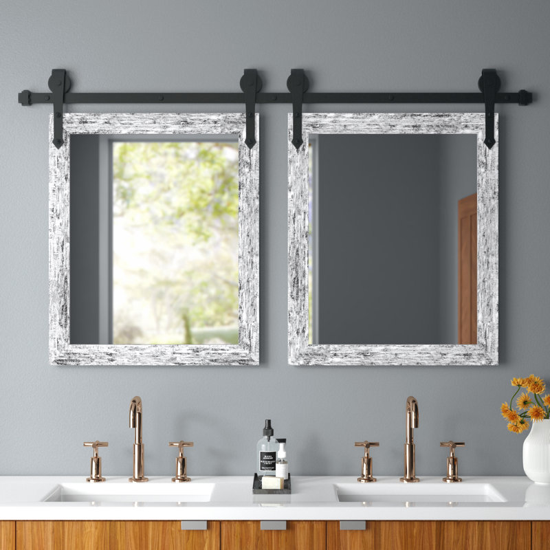 Herzberg Wood Flat Wall Mirror, 39" H x 33" W, Weathered White