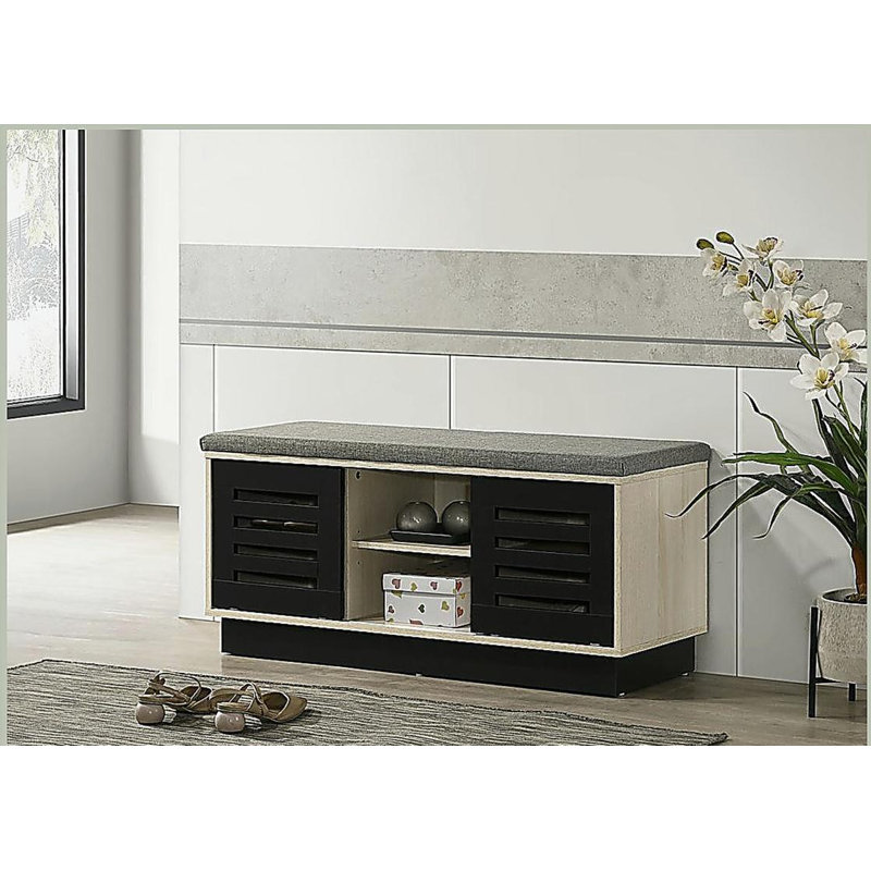 38.5"W Oak Finish Shoe Cabinet with Sliding Doors, Upholstered Top