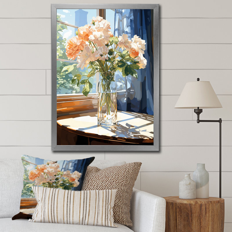 Belles fleurs roses dans un vase ensoleillé I sur toile, H 32 po x l 16 po x P 1 po, Cadre simple argenté