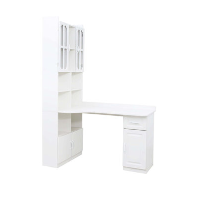 Bureau d'étude de coin en L blanc 2-en-1 blanc, table de travail de bureau à grand espace avec tiroirs, bibliothèque et armoire de rangement supérieure