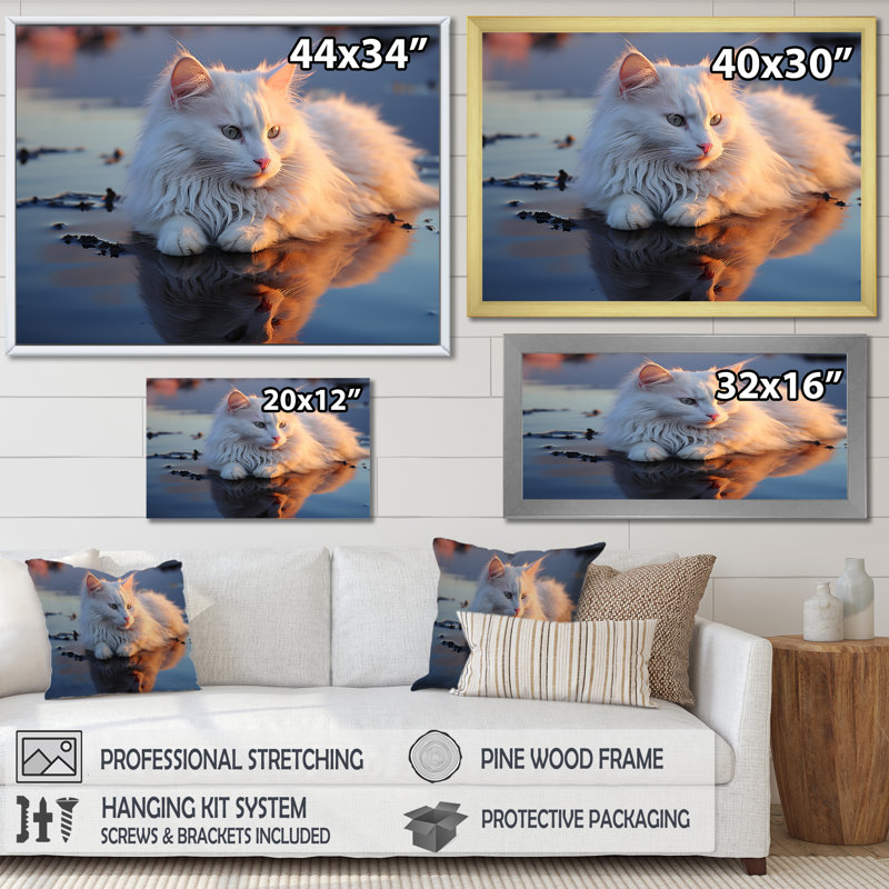 Chat tranquillité sur la plage - décoration murale chat, H 30 po x l 40 po x P 1,5 po, Cadre flottant noir