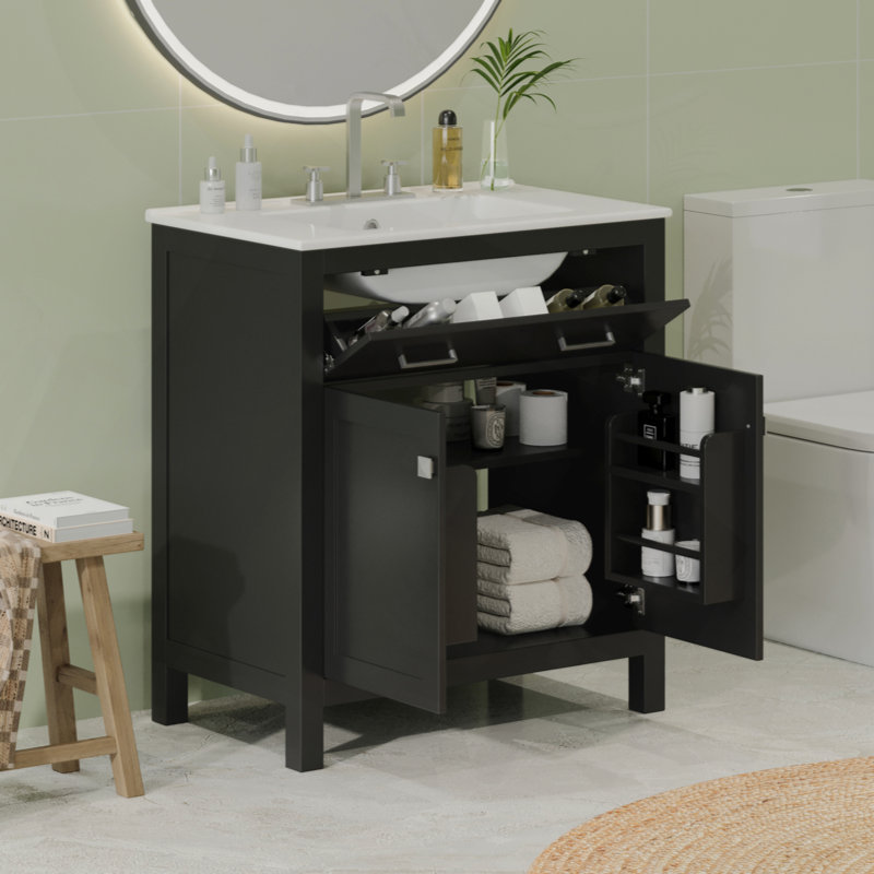 Meuble-lavabo de 30 po avec lavabo en céramique, armoire de salle de bain simple moderne avec 2 portes et une tablette, portes à fermeture douce