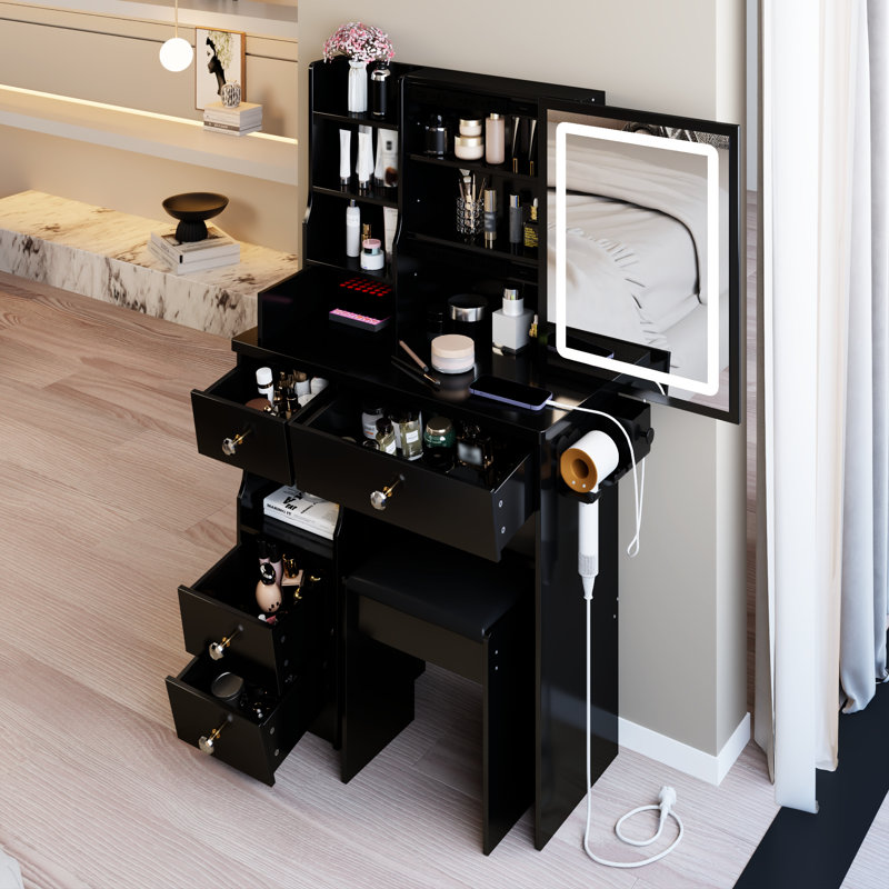 Table de coiffeuse avec tiroir gauche de 29,2 po, tabouret rembourré, 2 alimentations électriques + 2, support pour sèche-cheveux et tiroir à miroir réglable à trois couleurs