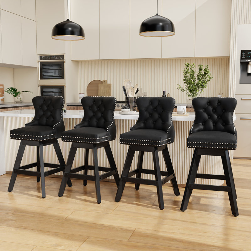 Velvet Swivel Tufted Wooden Barstools Set of 2, Black