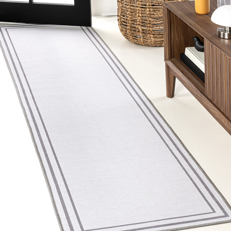 Mariques Classic 2-Stripe Border Washable White/Gray Rug, Runner 2' x 8'