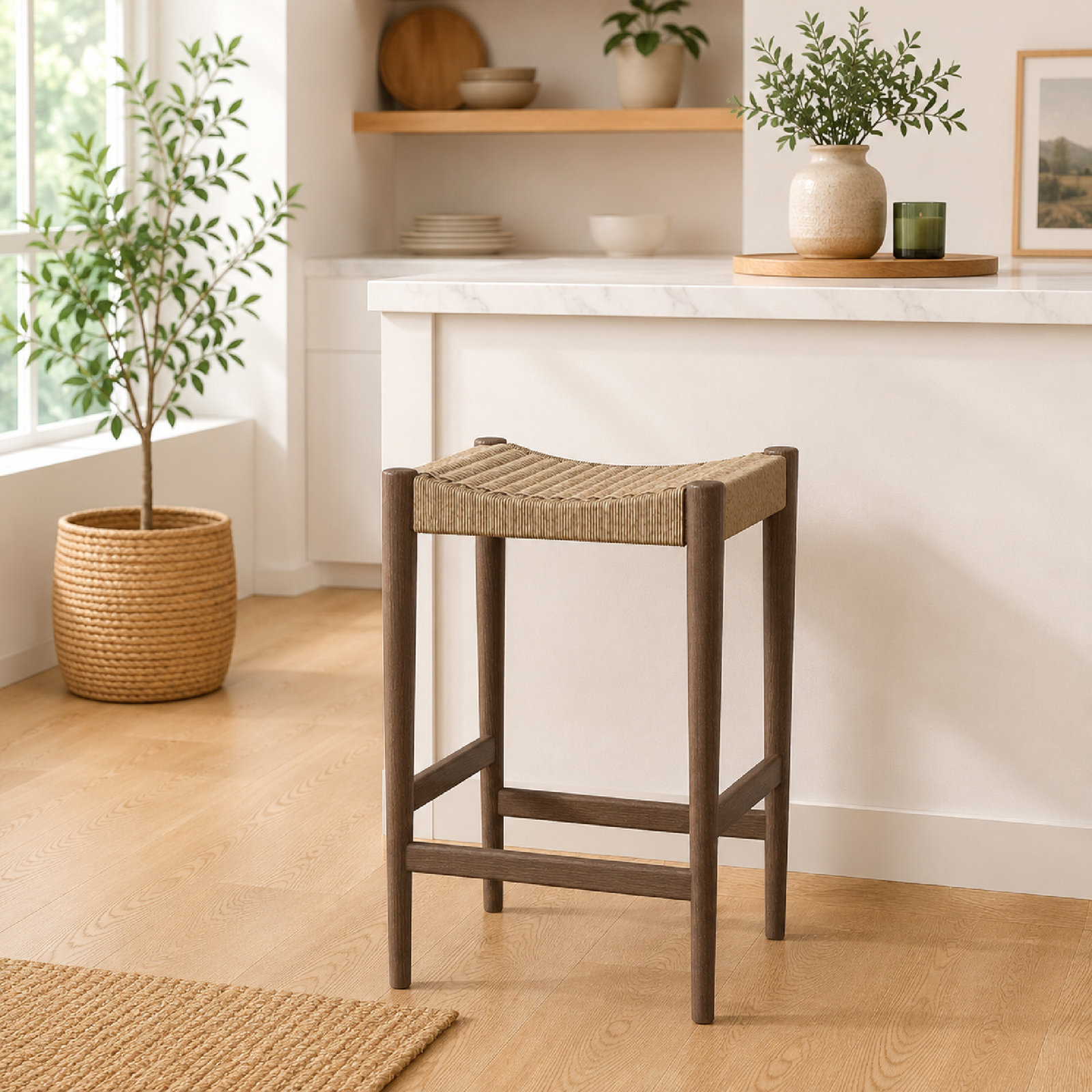 Rustic Walnut Bar Stool,Woven,Solid Oak Wood, Honey