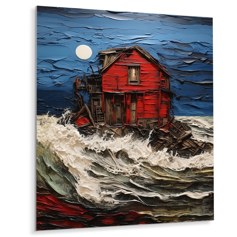 Red Beach House Wild Waves Full Moon I - impression d'art mural plage et océan, Métal métal, H 40 po x l 30 po x P 1,5 po