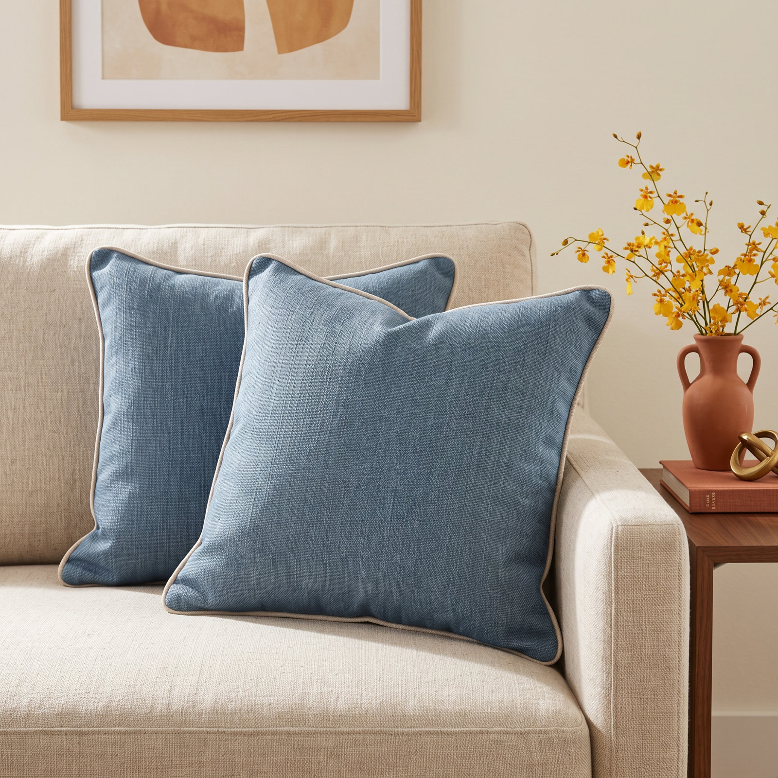 Jaclyn Sunbrella® Throw Pillow, 20" x 20", Natural/Blue