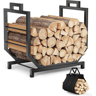 Support à bois d'extérieur pour l'intérieur avec transporteur de bois de chauffage, support à bois de chauffage robuste en métal et supports à bûches robustes