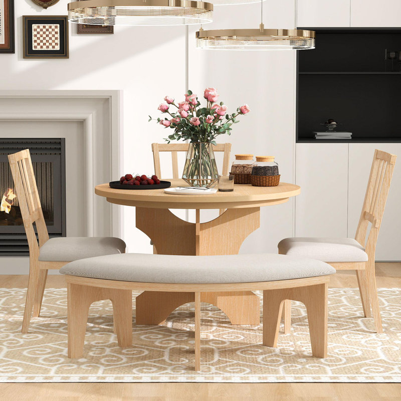 Ensemble de table de salle à manger ronde, ensemble de salle à manger rond rustique 5 pièces avec 3 chaises rembourrées et banc incurvé pour la salle à manger, la cuisine et le salon (naturel)