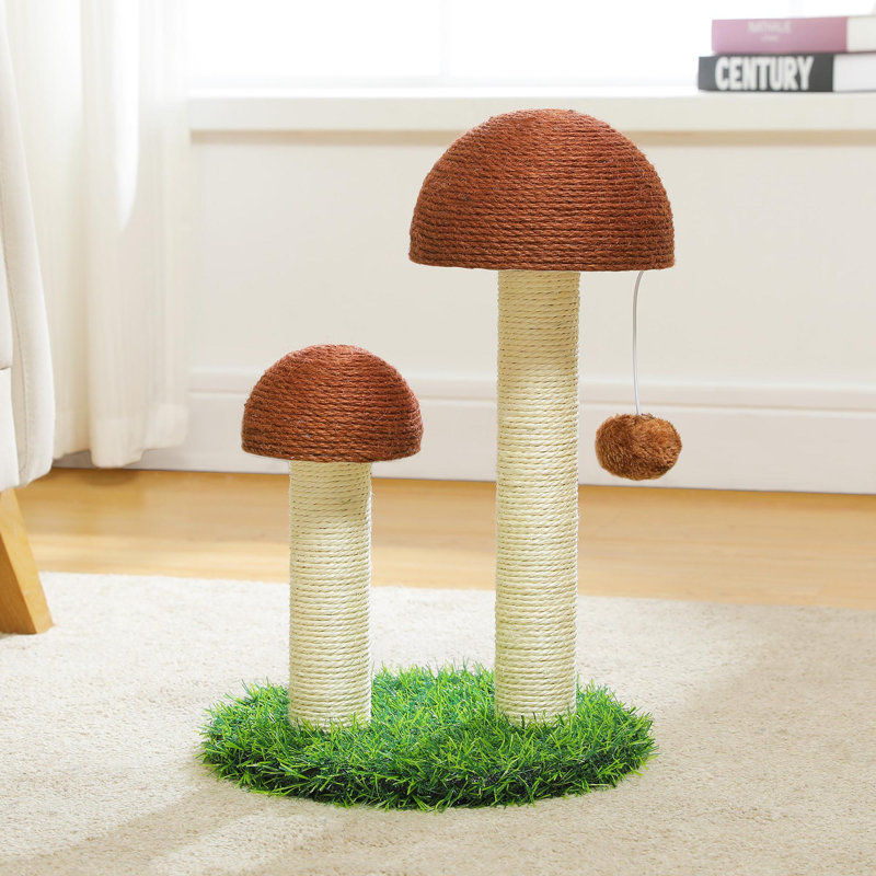Grattoir à champignon avec poteaux à griffer en sisal naturel et boules de jouets interactives