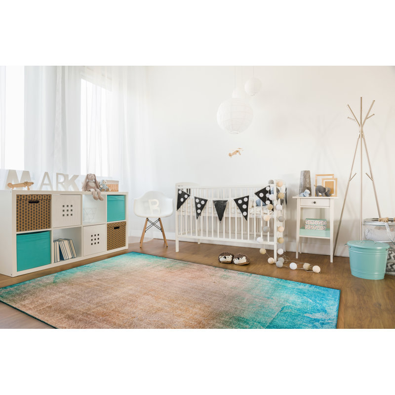Tapis turquoise / beige Paquette, Rectangle 7 pi 7 po x 10 pi 10 po