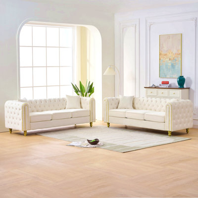 3 Seater +3 Seater Modern Loveseat Sofa,3+3 Seater Couch Comfy Velvet Sofa Button Tufted Rolled Arms And Gold Legs,Chesterfield