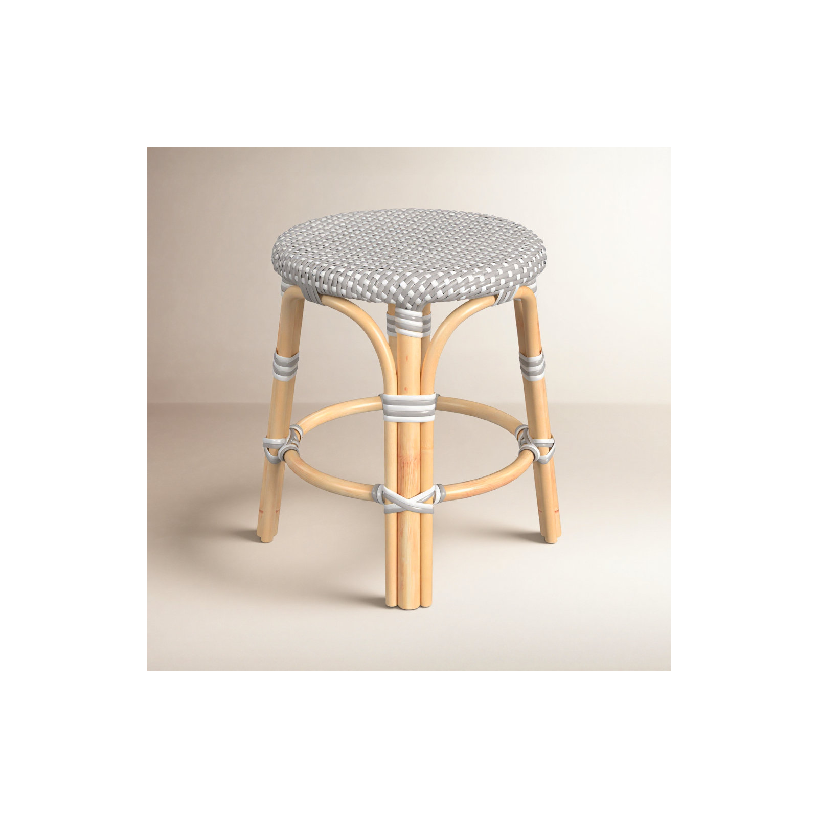 Alastair 18" Dining Short Stool, Gray/White Dot/Natural Rattan Frame