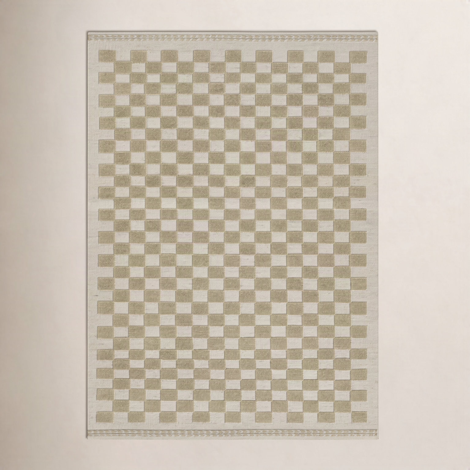Azle Beige Tan Hand-Woven Checkered Wool Rug, Rectangle 6'3" x 9'