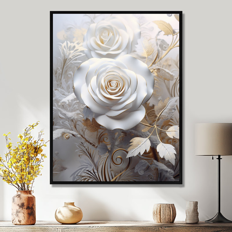 «White Rose Golden Golden Ethereal Leaves» - impression d'art mural rose, Toile avec cadre flottant noir