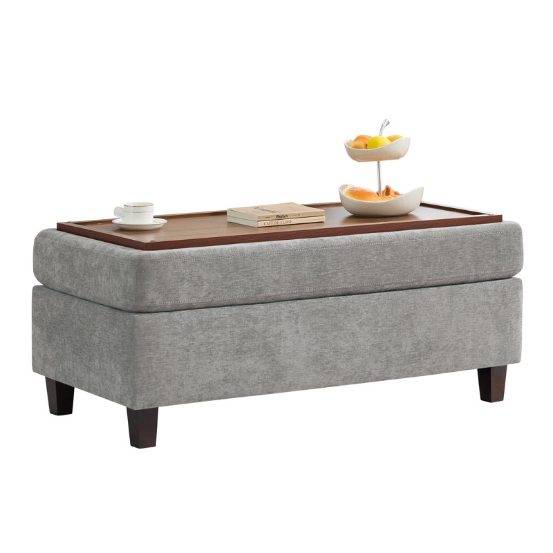 Multi-Functional Ottoman Bench for Living Room, Flip-Top Design with Wooden/Cushion Reversible Lid, Light Gray