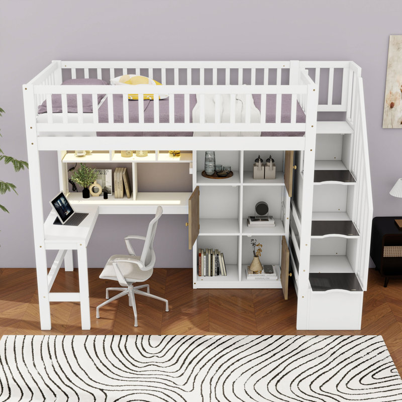 Lit mezzanine simple avec bureau intégré, DEL, tablettes et armoires, Blanc