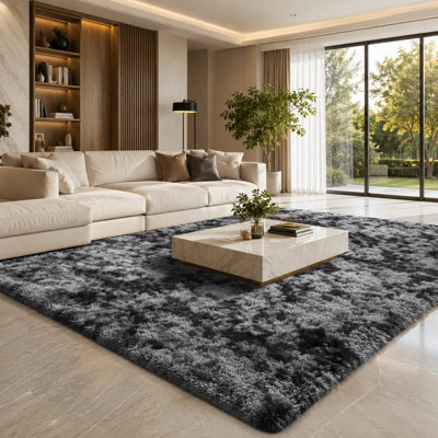8x10 Ft Tie-Dyed Dark Gray Extra Large Shag Rugs for Living Room, Tie Dyed Soft Fluffy Furry Area Rugs for Bedroom Indoor Floor, Aesthetic Carpet for Kids Home Decor