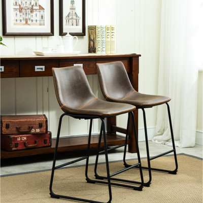 Vintage Counter Height Stools, Of 2, - Molded Seats For Strength And Comfort With Contrasting Zig-zag Stitches, Legs Integrated Footrest 2 Stools Reli by George Oliver