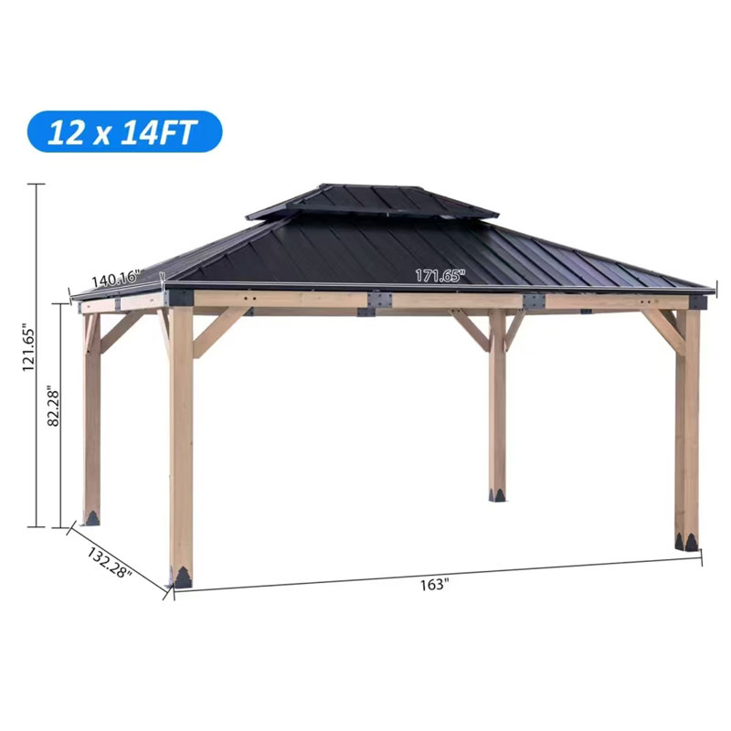 Solid Cedar Wood Patio Gazebo With Curtains And Mesh Screens, 14 Ft. W x 12 Ft. D