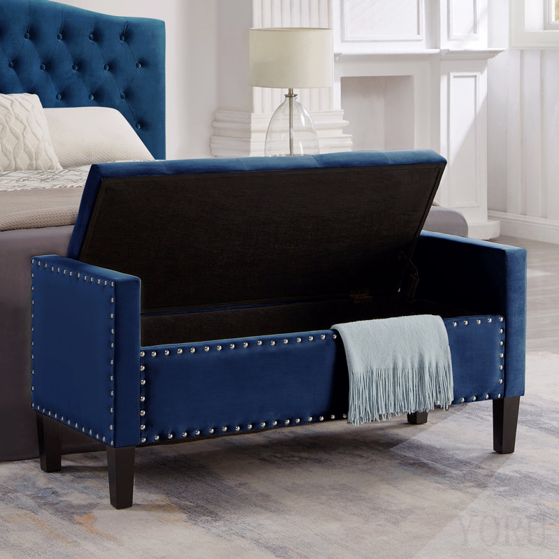 Banc de rangement rembourré capitonné à boutons avec garniture cloutée, siège de salon d'entrée rembourré avec accoudoirs, banc de lit - bleu marine