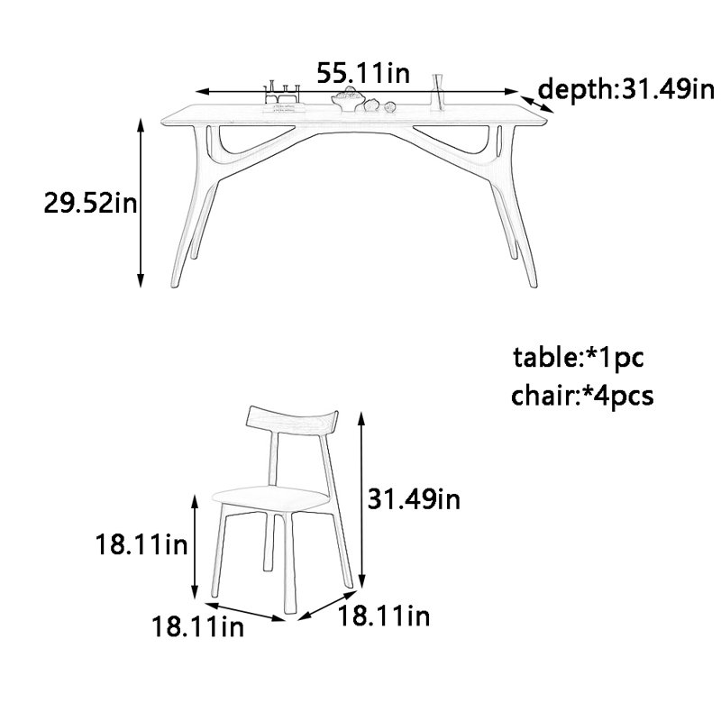 Ensemble de table et chaises de salle à manger moderne et naturel, H 29,52 po x L 55,11 po x l 31,49 po