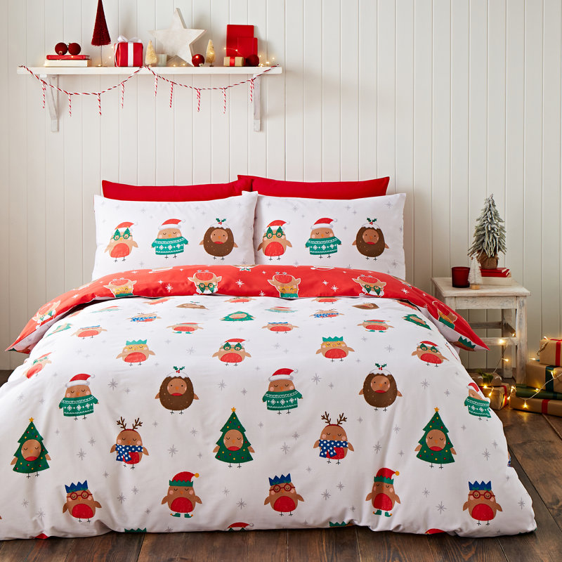 Christmas Party Robins Reversible Duvet Cover Set, Single Duvet Cover + 1 Standard Pillowcase