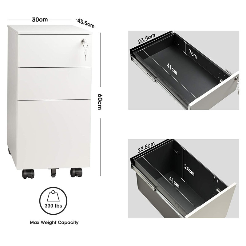 Stansel 30cm Wide 3 -Drawer Mobile Steel File Cabinet, White