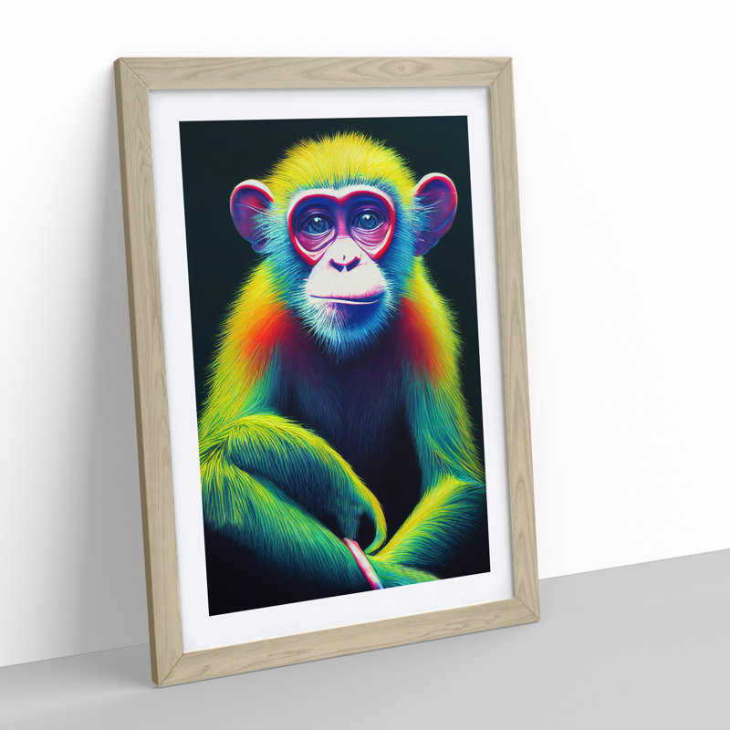 Neon Monkey No.3 - Wall Art, 34cm H x 25cm W x 2cm D, Oak Framed