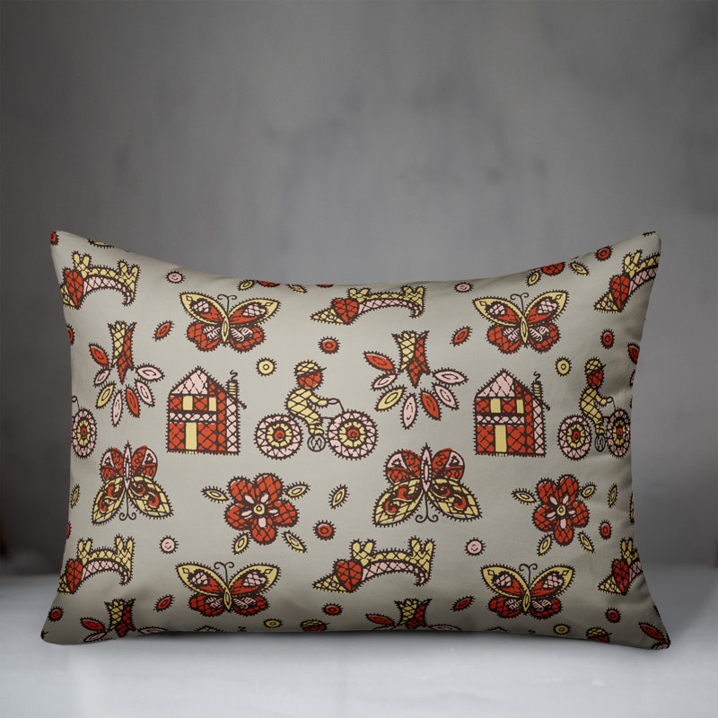 Coussin Whimsical Folk, Rouge / Gris / Jaune