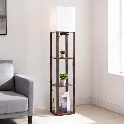 Modern Floor Lamp With 4-Tier Shelves, Built-In USB Charging Ports And AC Outlet, 3CCT Adjustable LED Corner Standing Lamp For Living Room And Bedroom