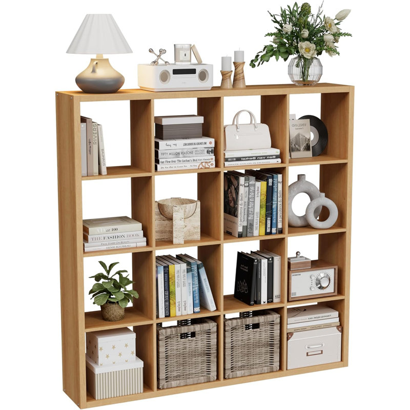Modern Engineered Wood 16-Grid Bookcases, Natural Color Mesh Combination Storage Rack, Multifunctional Open Bookshelf Organizer, Ideal for Living Room, Bedroom & Home Office Home Decoration
